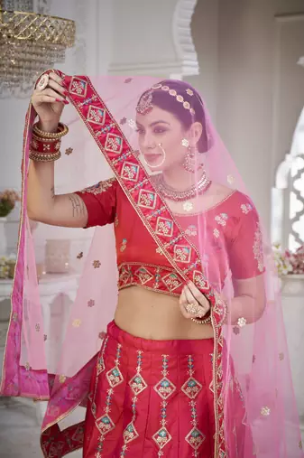 Glamorous Pink Colour Classy Embroidered Partywear Ethnic Lehenga