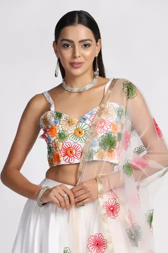 White Colour Embroidered Partywear Girlish Lehenga