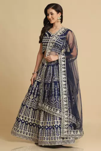 Blue Colour Embroidered Partywear Girlish Lehenga
