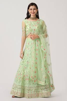 Parrot Green Colour Embroidered Partywear Girlish Lehenga 1