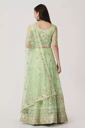 Parrot Green Colour Embroidered Partywear Girlish Lehenga