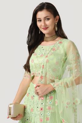 Parrot Green Colour Embroidered Partywear Girlish Lehenga 3