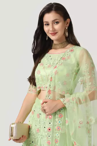 Parrot Green Colour Embroidered Partywear Girlish Lehenga