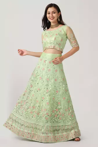 Parrot Green Colour Embroidered Partywear Girlish Lehenga