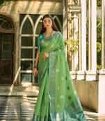  Parrot Green Tissue Silk Blend Saree With Smart Woven Work For Cultural Looks