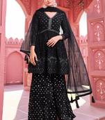 Black colour graceful mirror embroidered girlish partywear sharara dress