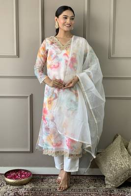 Graceful and smart looking off white colour ethnic partywear girlish readymade dress 1
