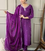 Purple colour trendy partywear smart embroidered suit for graceful looks