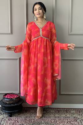 Red colour trendy partywear smart embroidered suit for graceful looks 1