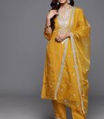 Mustard colour trendy partywear smart embroidered suit for graceful looks