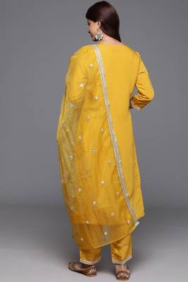 Mustard colour trendy partywear smart embroidered suit for graceful looks 2