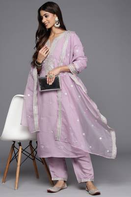 Onion colour trendy partywear smart embroidered suit for graceful looks 3
