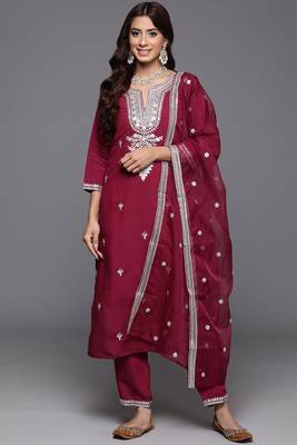 Maroon colour trendy partywear smart embroidered suit for graceful looks 1