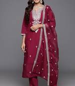 Maroon colour trendy partywear smart embroidered suit for graceful looks