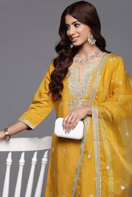 Mustard colour trendy partywear smart embroidered suit for graceful looks 3
