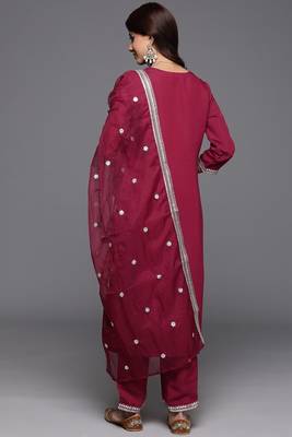 Maroon colour trendy partywear smart embroidered suit for graceful looks 2