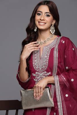 Maroon colour trendy partywear smart embroidered suit for graceful looks 3