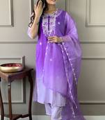 Purple colour trendy partywear smart embroidered suit for graceful looks