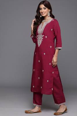 Maroon colour trendy partywear smart embroidered suit for graceful looks 4