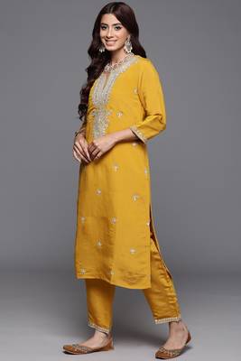 Mustard colour trendy partywear smart embroidered suit for graceful looks 4