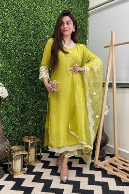 Yellow colour trendy partywear smart embroidered suit for graceful looks 1