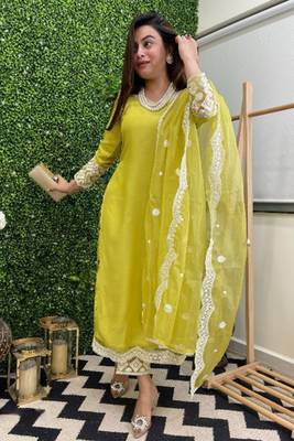 Yellow colour trendy partywear smart embroidered suit for graceful looks 3