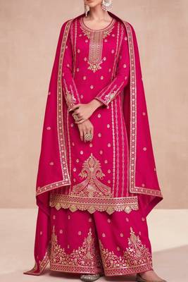 Pink colour heavy zari embroidered silk fabric sharara dress for ethnic looks 2