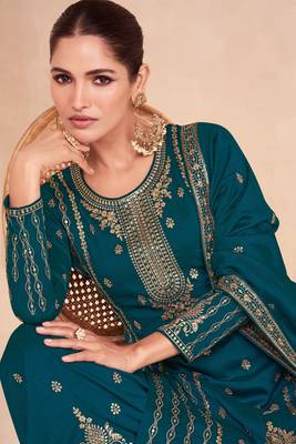 Rama colour heavy zari embroidered silk fabric sharara dress for ethnic looks 1