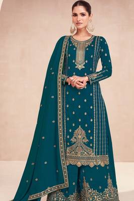 Rama colour heavy zari embroidered silk fabric sharara dress for ethnic looks 2