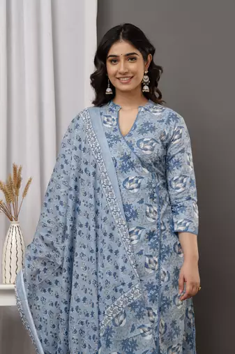 Ethnic blue colour cotton fabric angarakha pattern suit for trendy looks