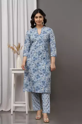 Ethnic blue colour cotton fabric angarakha pattern suit for trendy looks