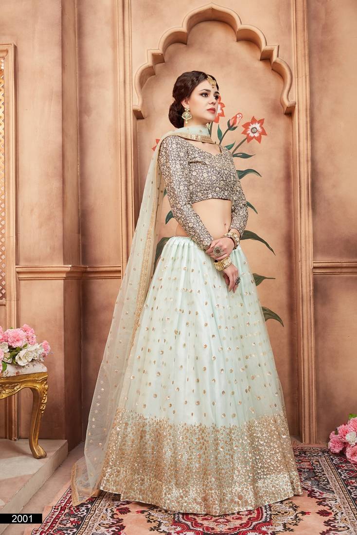 Light-Blue Color Embroidered Net Semi-stitched Lehenga Choli
