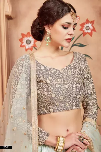 Light-Blue Color Embroidered Net Semi-stitched Lehenga Choli