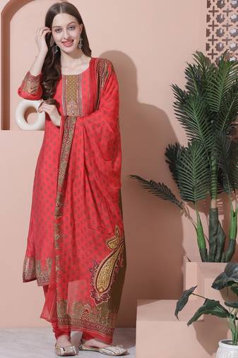 coral muslin embroidered dress material