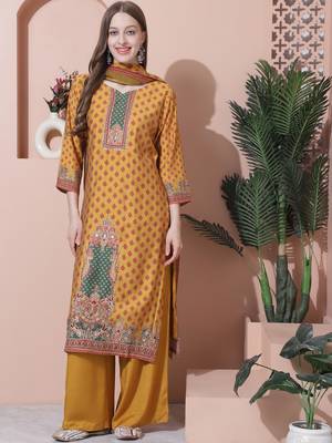 mustard muslin embroidered dress material 1