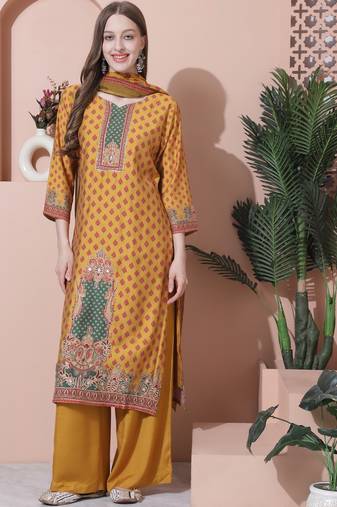 mustard muslin embroidered dress material