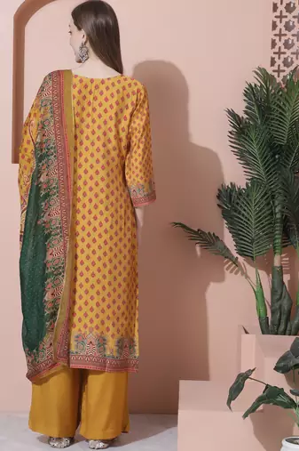 mustard muslin embroidered dress material