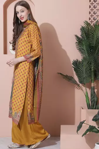 mustard muslin embroidered dress material