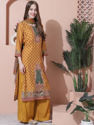 mustard muslin embroidered dress material 4