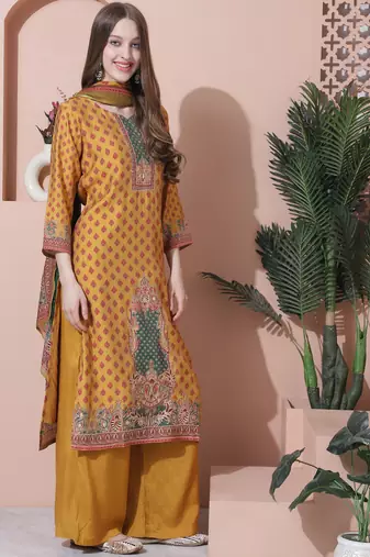 mustard muslin embroidered dress material