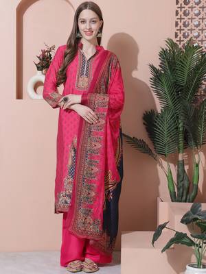 magenta muslin embroidered dress material 1