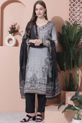 grey muslin embroidered dress material