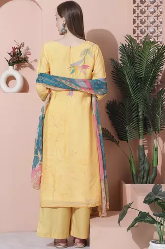 yellow muslin digital printed dress material
