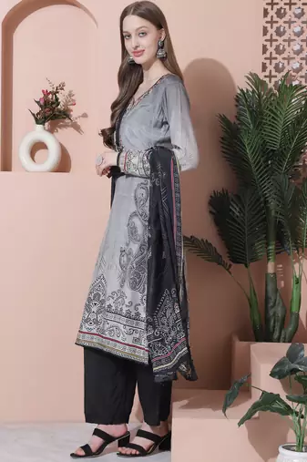 grey muslin embroidered dress material