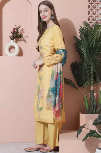 yellow muslin digital printed dress material