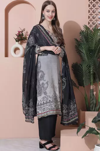 grey muslin embroidered dress material