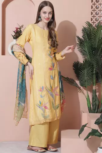 yellow muslin digital printed dress material
