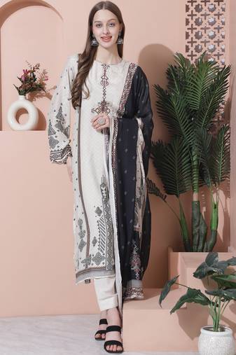 Stylee lifestyle off white muslin embroidered dress material