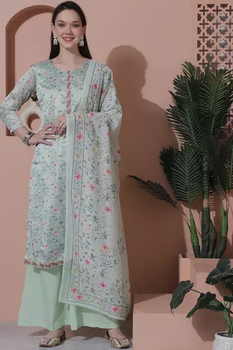 Stylee lifestyle green satin digital printed dress material