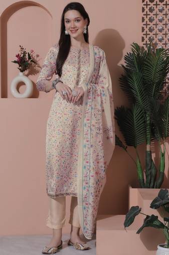 cream satin digital printed dress material